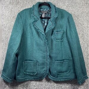Dialogue Boucle Tweed Blazer Wool Blend Jacket Fringe Ribbon Trim Teal Women 20W